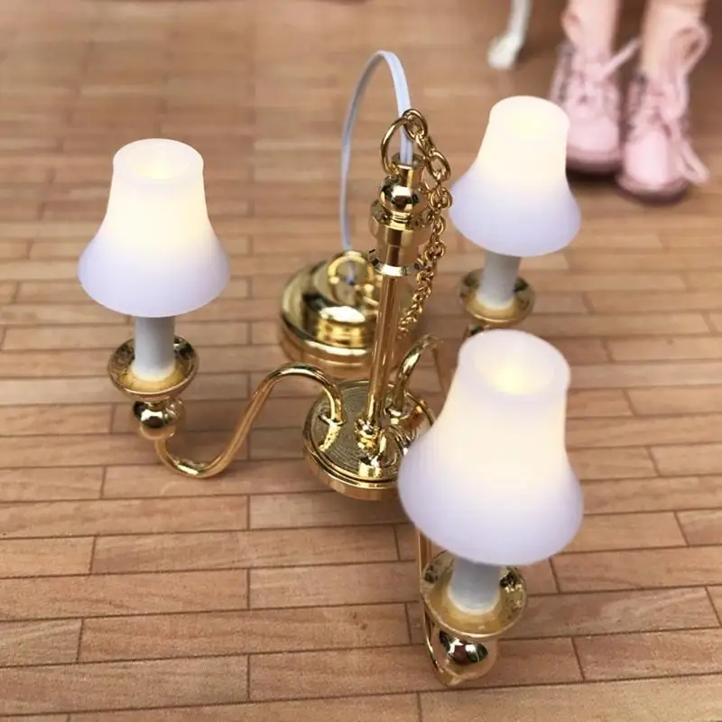 QX2E 1/12 Dollhouse Miniature LED Ceiling Light Chandelier Model Bedroom Furniture