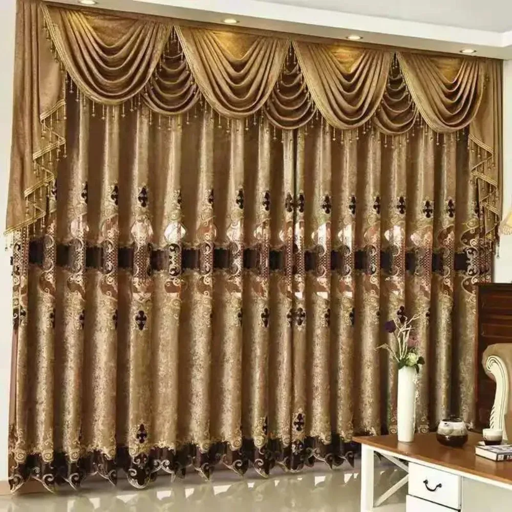 European Chenille Embroidered Curtains for Living Room Bedroom Villa High-end Luxury Window Luxury Coffee Gold Tulle Noble