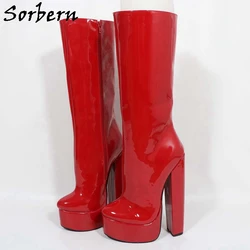 Sorbern 20Cm Red Glossy Chunky High Heel Knee High Boots For Women High Instep Platform Shoes Unisex Style Fetish Shoes