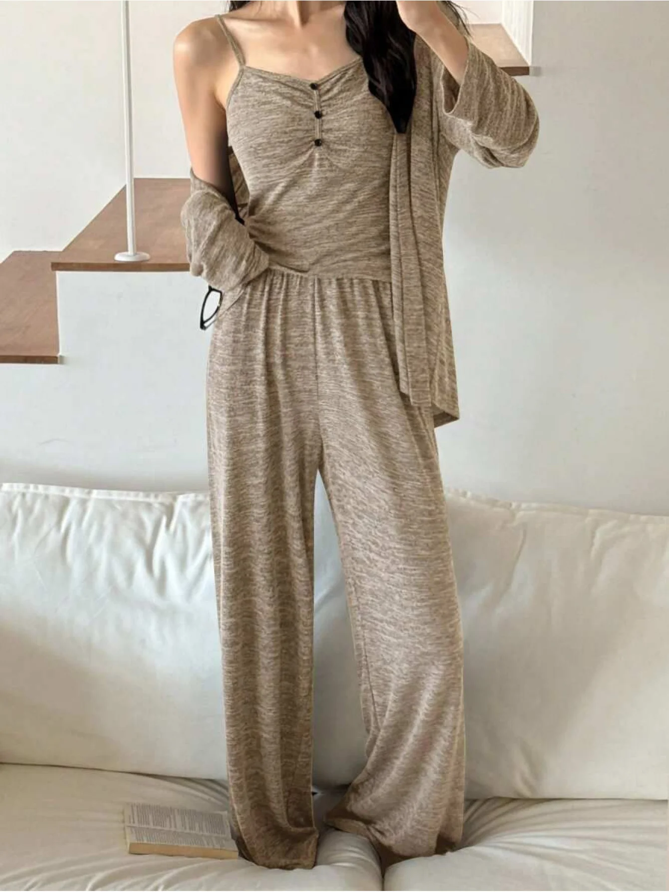 

2025 Women's Fashion, Casual and Comfortable 3-piece set Soft knitted fabric coat, halter top and pants for home wear