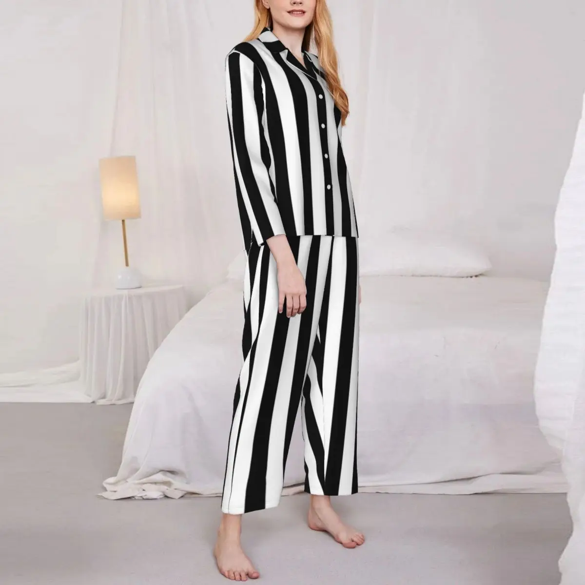 Pajamas Female Vintage Striped Print Room Sleepwear Black White Vertical Stripes 2 Piece Vintage Pajama Sets Oversize Home Suit