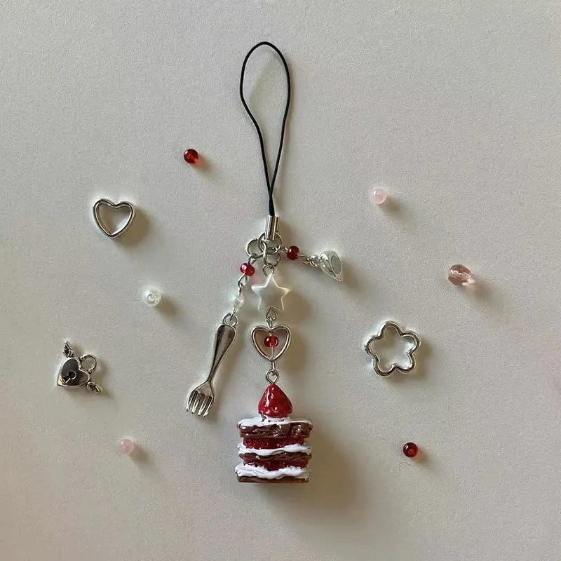 Strawberry Cake Matching Mobile Phone Pendant Food Keychain
