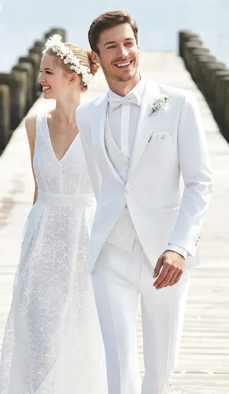 

White Luxury Beach Wedding Men Suit High Quality Slim Fit 3 Piece Elegant Groom Tuxedo Custom Suits Prom Blazer Terno Masculino