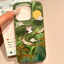 Vortex pattern High Mountain Auspicious Cloud Crane Phone Case For iPhone 17 16 Pro Max 15 14 13 12 11 XS XR X SE 7 8 Plus Cover