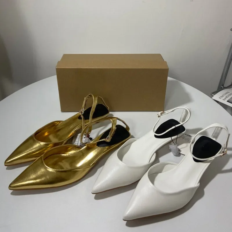 Sandália Slingback de dedo apontado feminina, sapato de festa de salto médio, dourado, branco, slip-on, sólido, carreira de escritório, moda feminina, verão, 2024