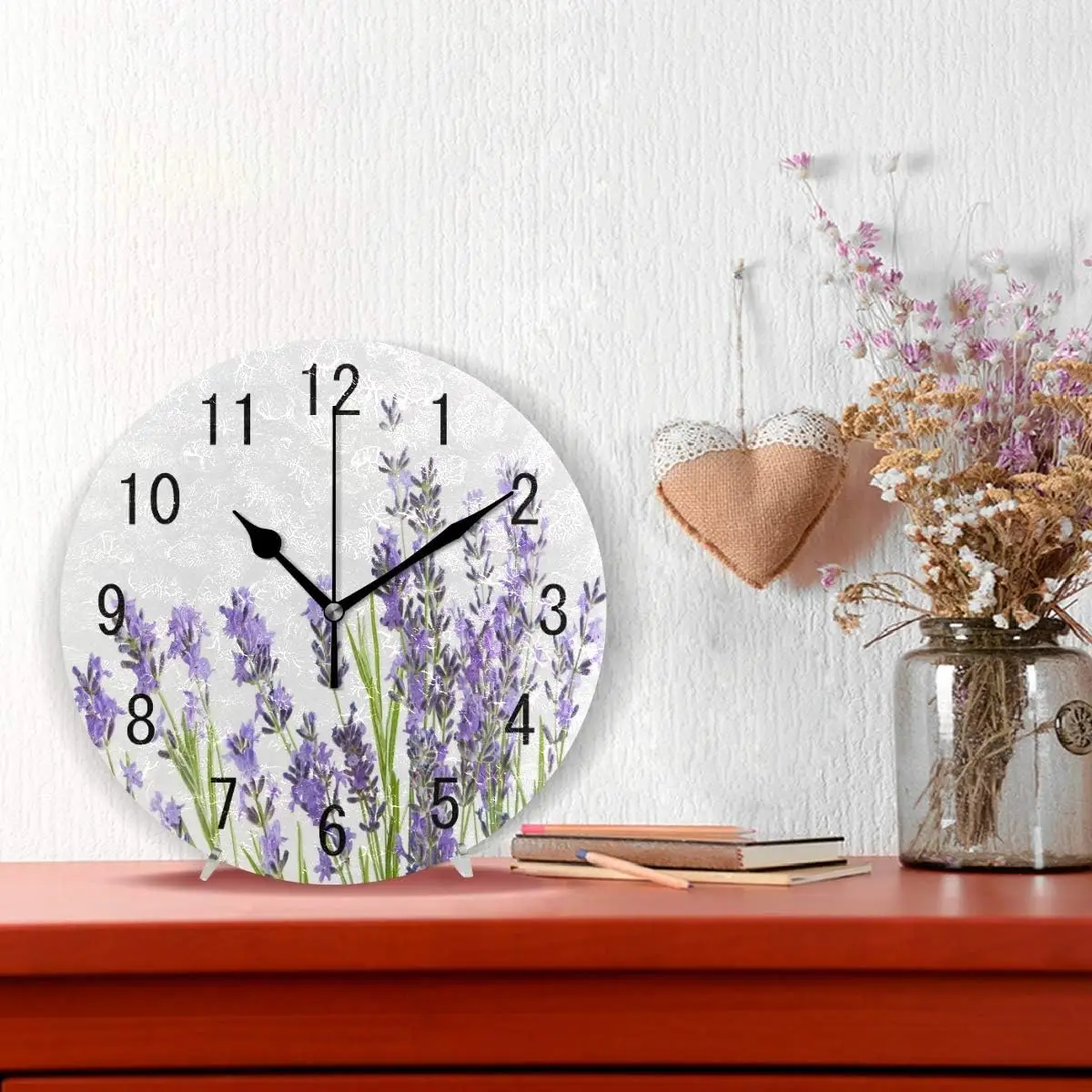 Home Decor Watercolor Lavender Flower Round Acrylic 9.5 Inch Wall Clock Non Ticking Silent Clock Art for Living Room Kitch