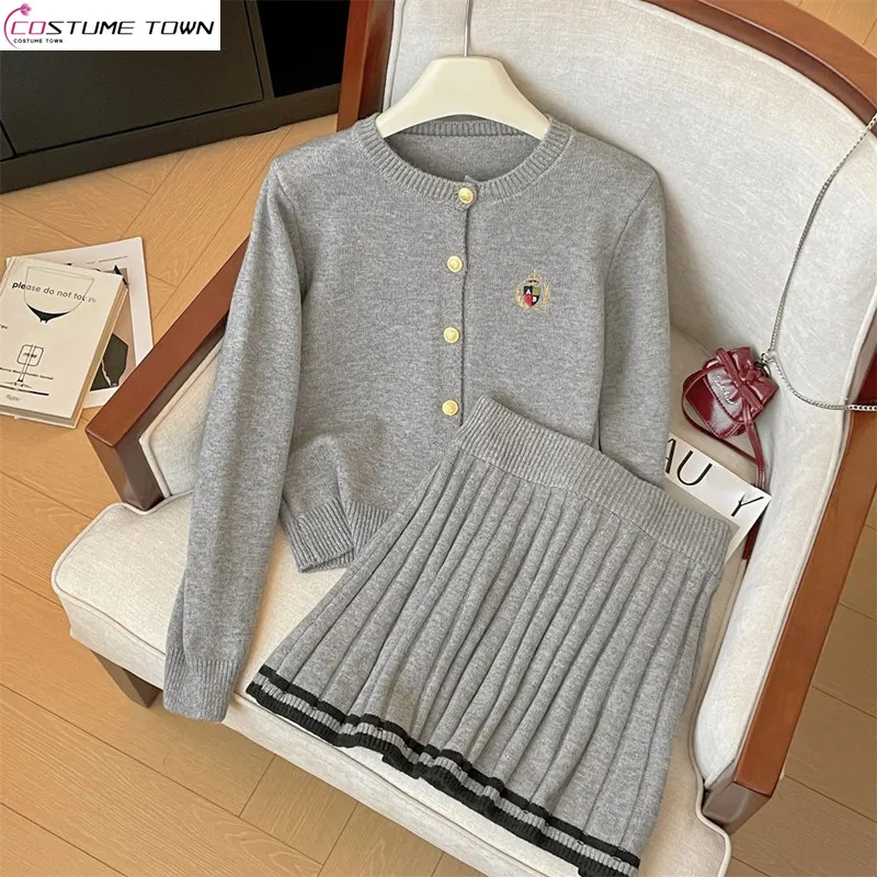 

Korean college style long sleeved knitted cardigan women's early autumn new knitted sweater+pleated skirt two-piece set trendy