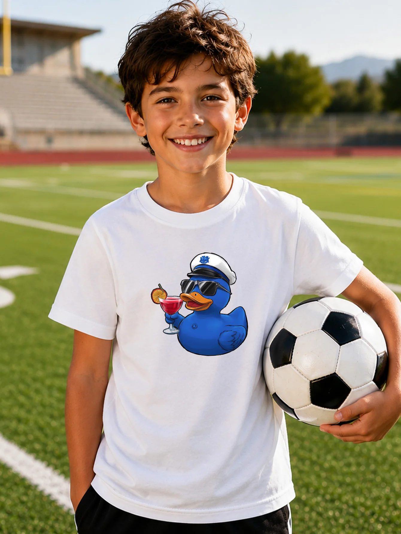 Cool Sailor Blue Duck Cartoon Print Boys Girls Family Matching Cotton Short Sleeve Crew Neck Soft Summer Kids Casual Tees