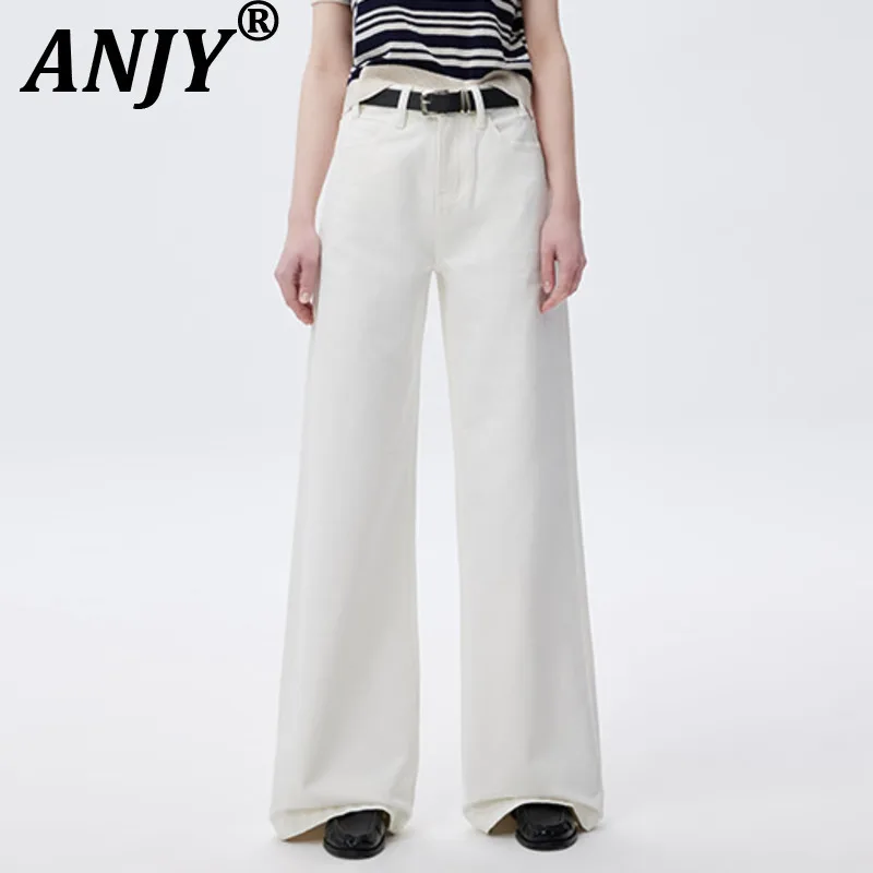 

ANJY Autumn New Women Trendy White Jeans Solid Color Pocket Straight Slimming Simple Style High Street Elegant Denim Pants A9726