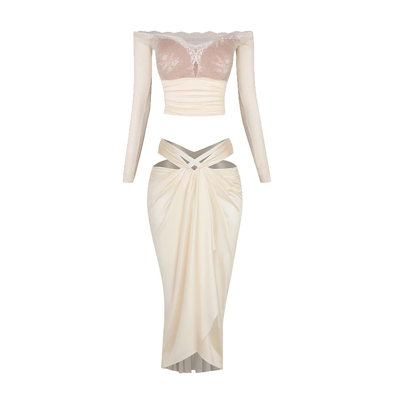 ZYM 라틴 댄스 공연 의류 여성 오프 숄더 긴 소매 레이스 탑 새틴 스커트 룸바 탱고 경쟁 드레스 DNV24650