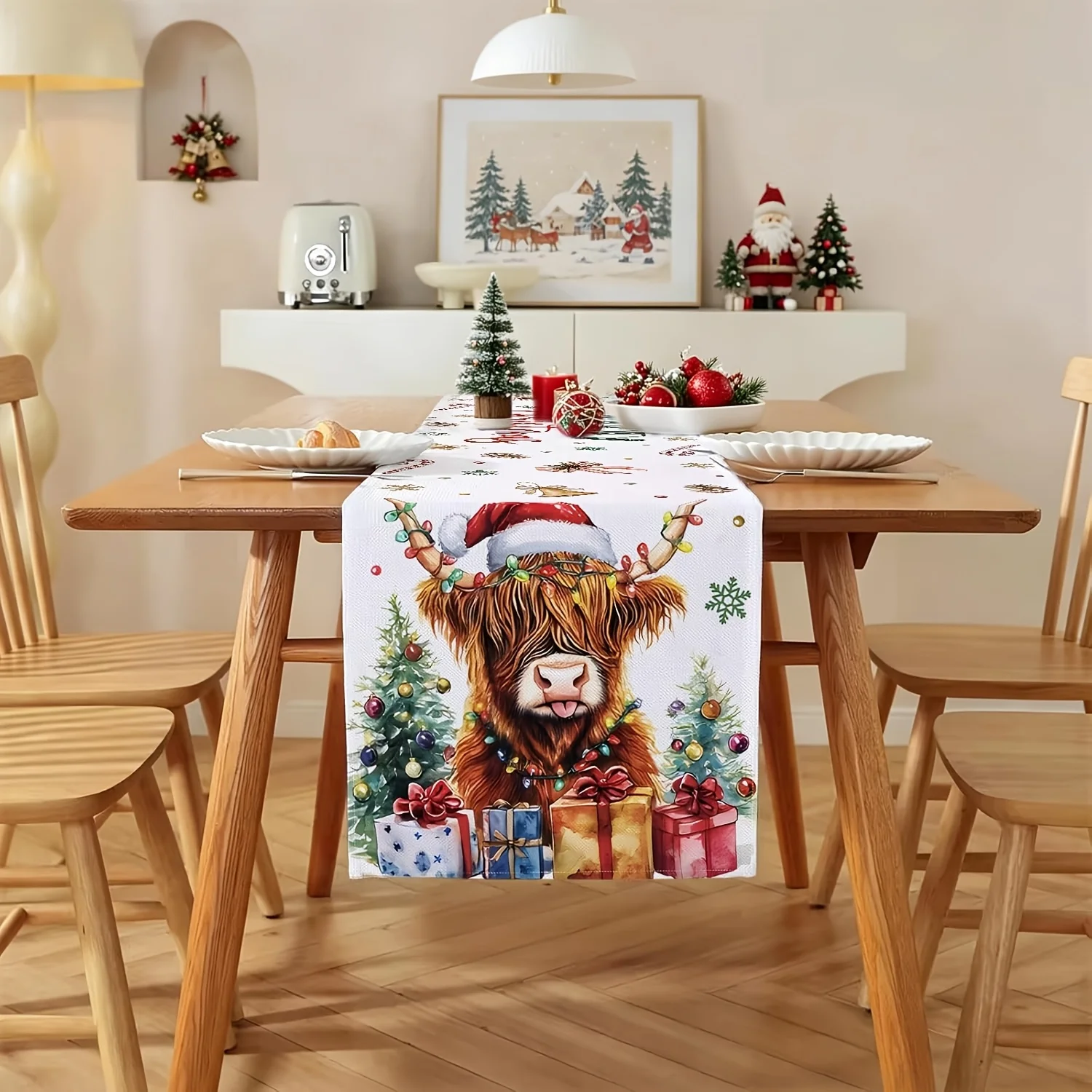 VIKAMA Christmas Table Runner Highland Cow Santa Hat Light Candy Cane Decorative Washable Polyester Kitchen Dining Holiday