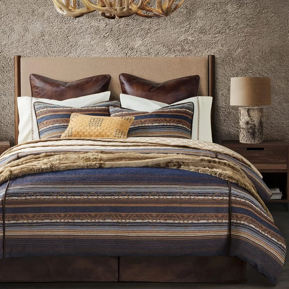 

Bedding 3 Piece Super King Duvet Cover Set, Blue Striped Rustic Cabin Bed Set, Comforter Cover and 2 Pillow Shams