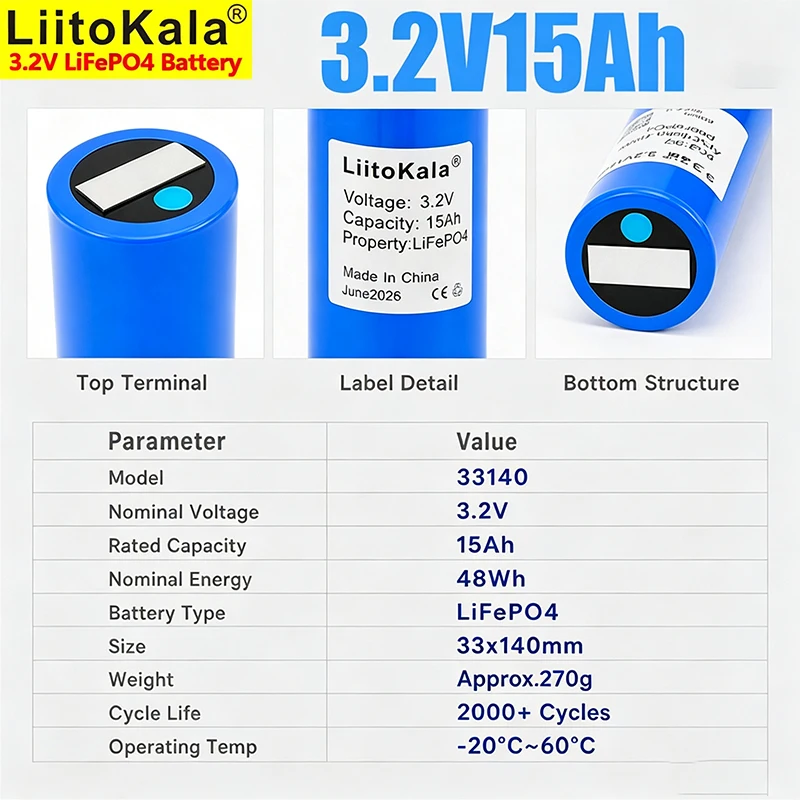 LiitoKala 33140 LiFePO4 Battery Cell 3.2V 15Ah 48Wh, 2000 Cycles Lithium Iron Phosphate Cell For Solar RV Energy Storage
