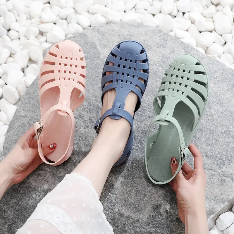 2024 New Flat Women Pvc Sandlas Hollow-carved Design Fashion Comfortable Outdoor Sports Beach Cool Slippers Soft Sole Sandales