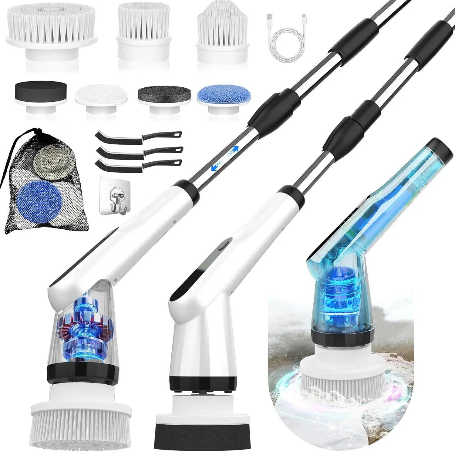 

-Electric Spin Scrubber - Upgraded 12-in-1 IPX7 Waterproof Shower Scrubber, Retractable Handle & 2-Speed for Toilet, Bathroom