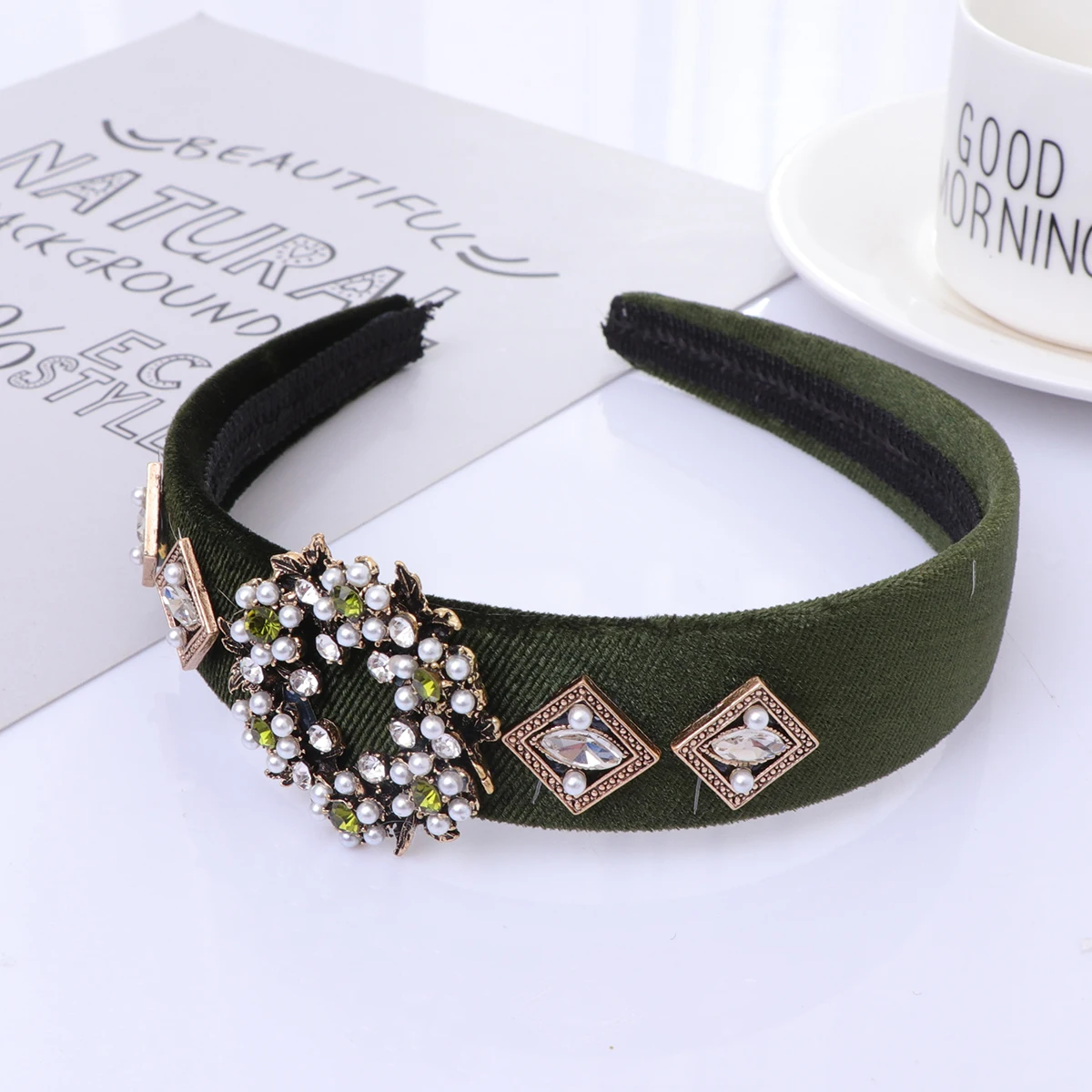 

1pc Wide Rim Rhinestone Pearl Hair Hoop Durable Chic Dark Green Band For Daily Party Occasions Women Headband