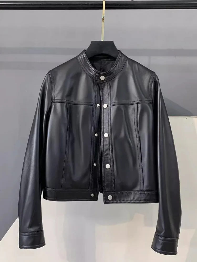 Manteau court en cuir véritable de mouton pour femme, simple boutonnage, col montant, veste de moto Vintage, mode dames, automne hiver
