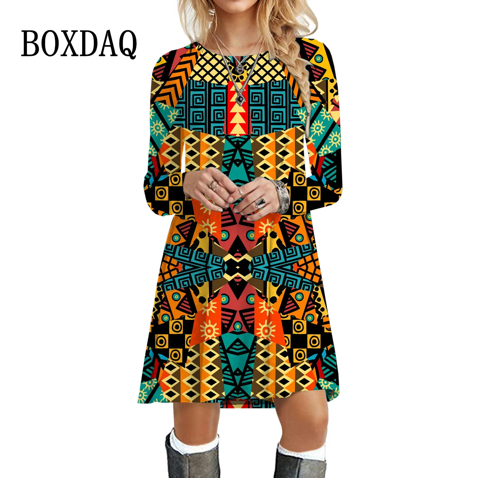 Printed Vintage Mini Dresses Autumn Dress Women 2023 New Vestidos Casual Fashion Elegant Ladies Oversized Long Sleeve Boho Dress