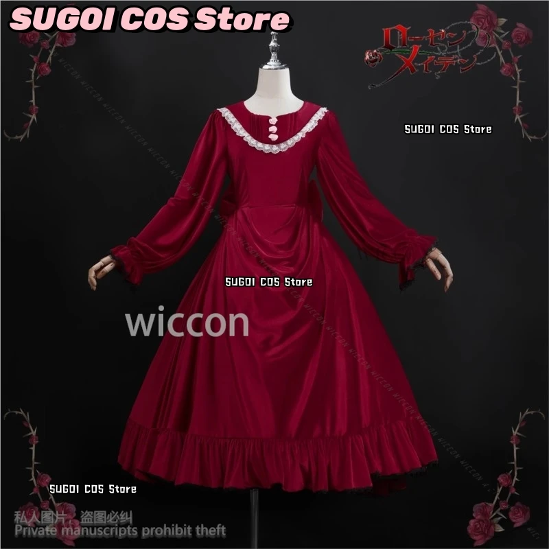 شين كو تأثيري أنيمي روزن البكر زي فستان أحمر مخملي لوليتا قبعة أغطية الرأس الباروكات للفتيات امرأة حفلة الهالوين مخصصة