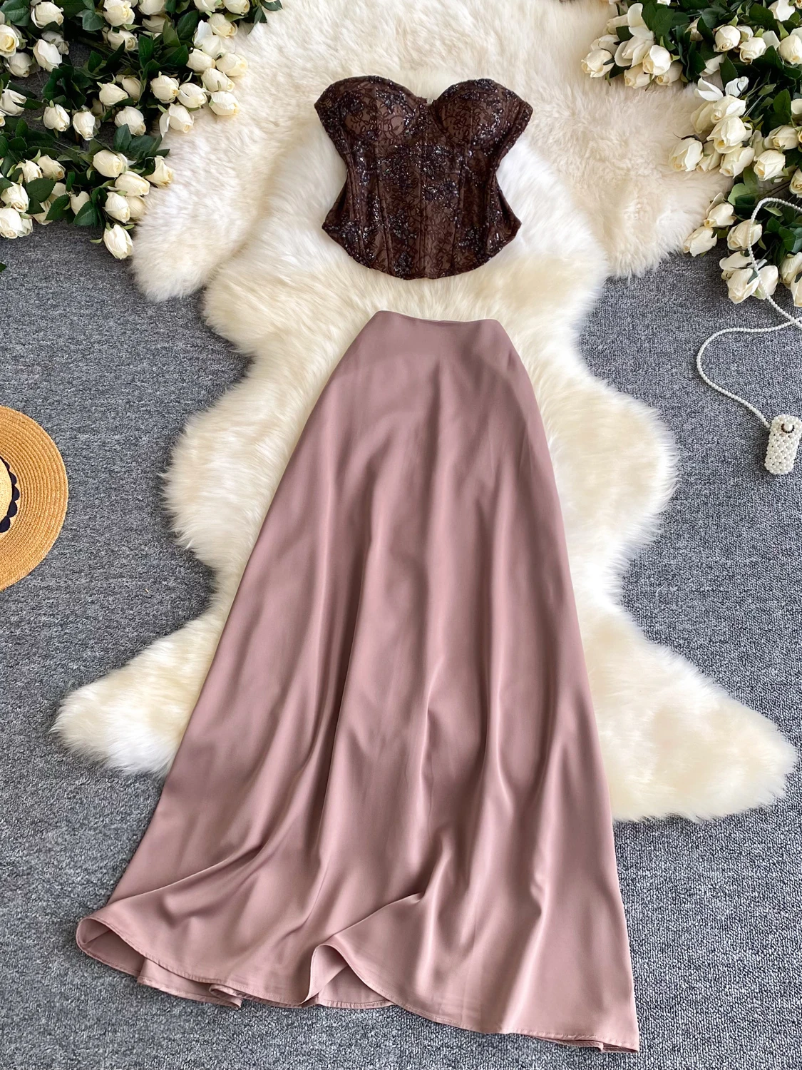 

Ele Glitter Crop Top And High Waist Skirt Set Women's Slim Fit Summer Faion Two-Piece Suit Commute Sle Casual Wear