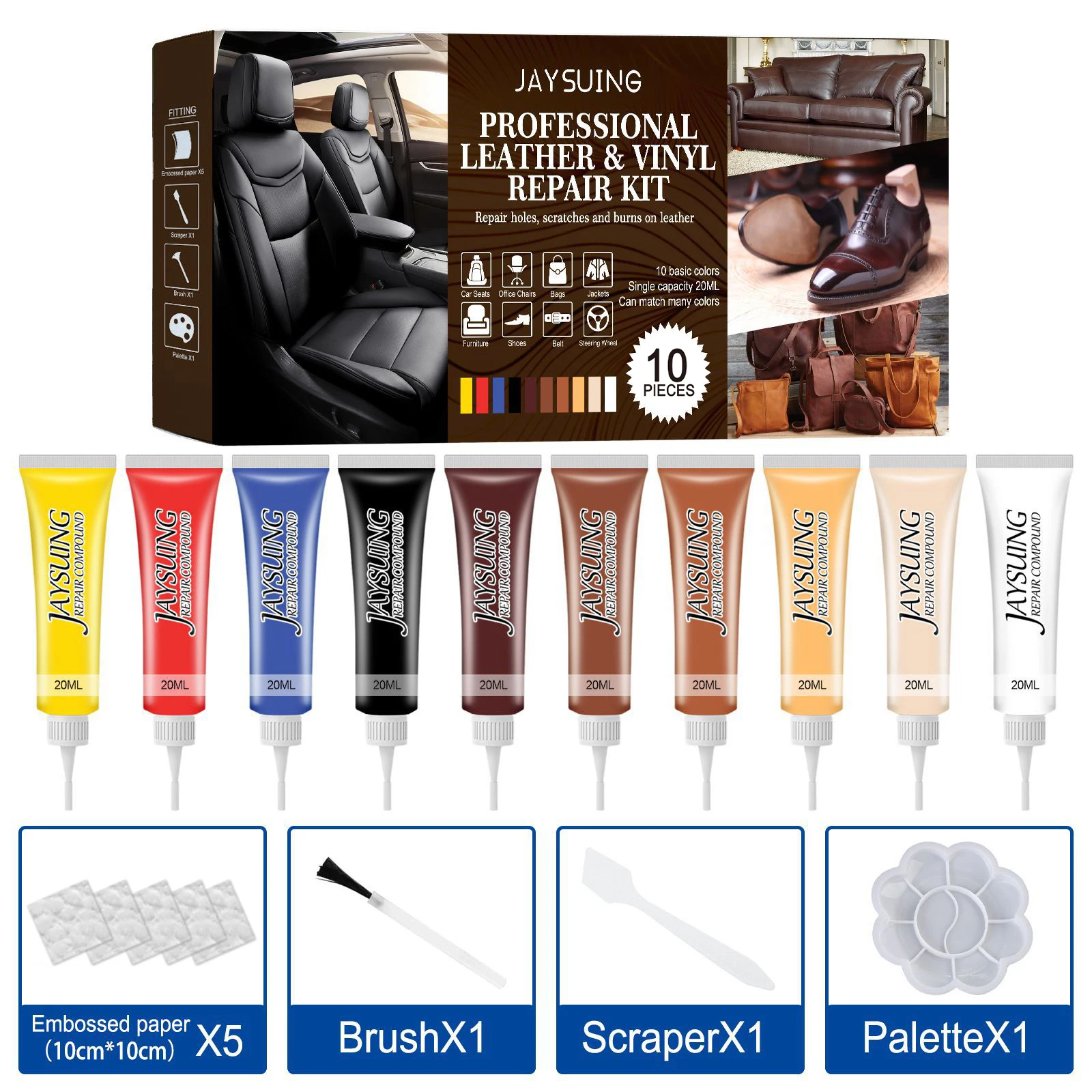 Leather Recoloring Balm Set - 10-Color Leather & Vinyl Repair Kit, Waterproof Wear-Resistant Non-Peeling Formula, Scratch & Damage Color Restorer for Sofas, Car Seats, Bags & Shoes