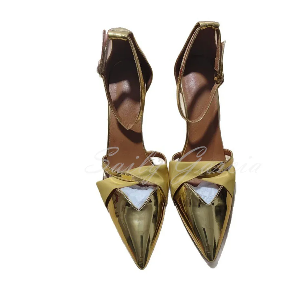 Gold Metallic Pointed Toe Thin High Heeled Sandals Women Sexy Stiletto Heel Straight Buckle Strap Elegant Party Dress Shoes