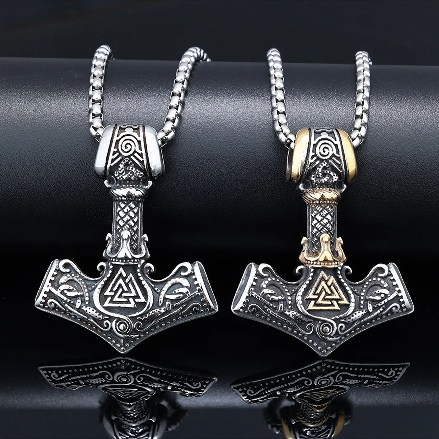 

2024 New Fashion Stainless Steel Carving Runes Thor's Hammer Necklace Pendant For Hip Hop Rapper Jewelry Accessories