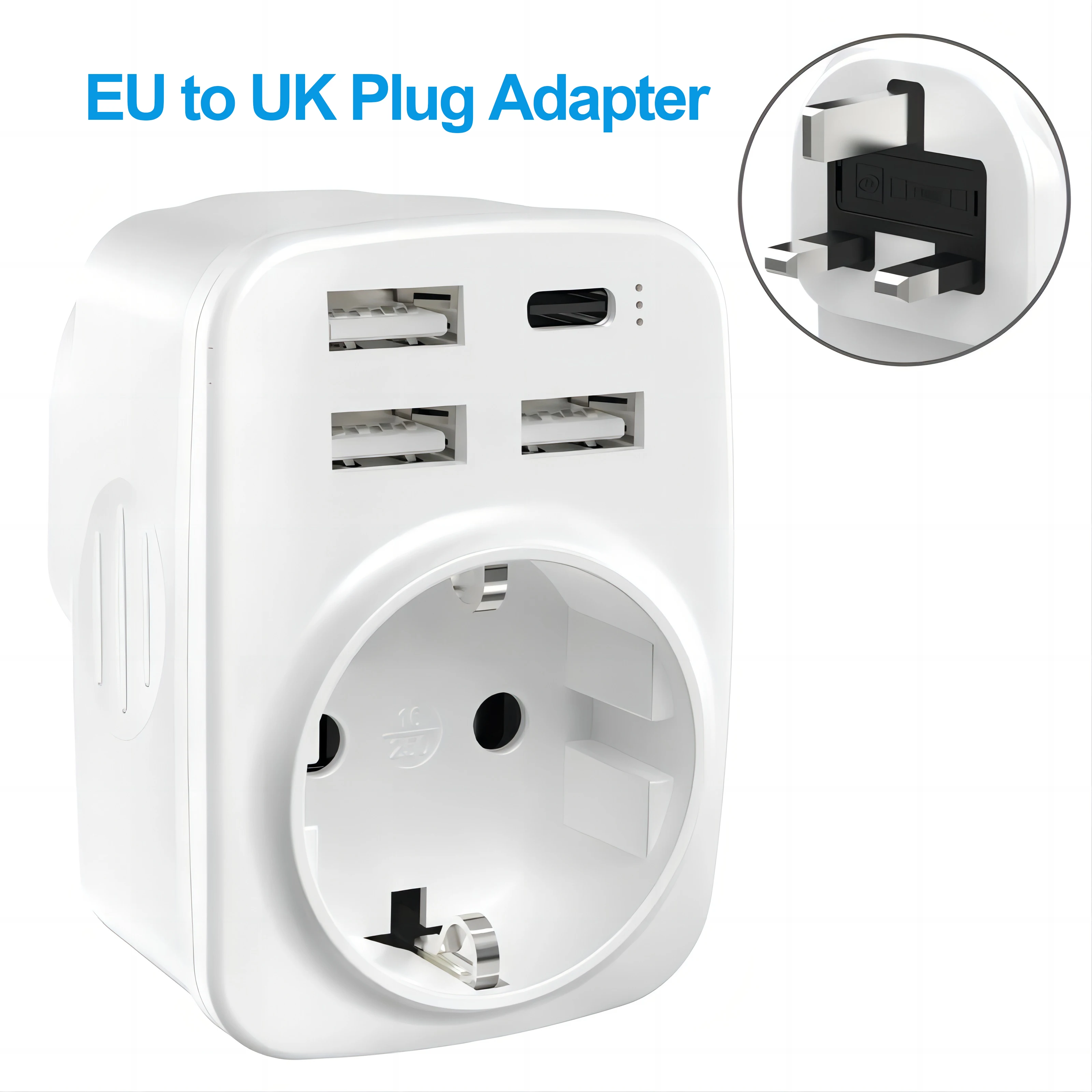 EU to UK Plug Adapter Travel Adapter with 3 USB-A and Type C UK Wall Socket 250V/13A for Malaysia Ireland Singapore Hong Kong