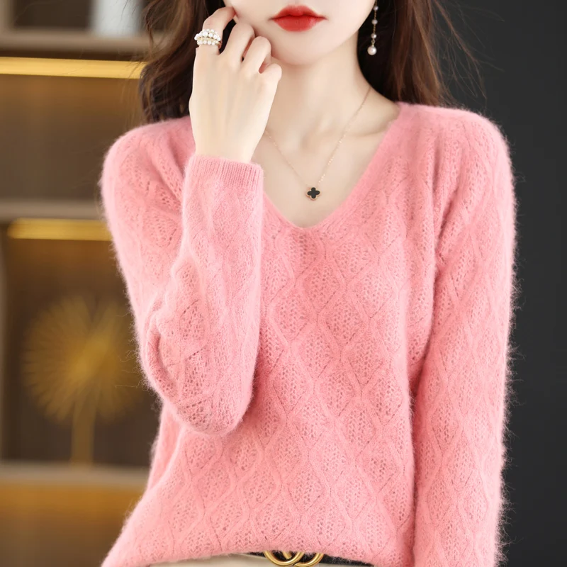 

Autumn and Winter Women's New Fashion Pullover Casual Solid Mink Fleece Knitted V-neck Long Sleeve Sweater Loose Korean Soft Top