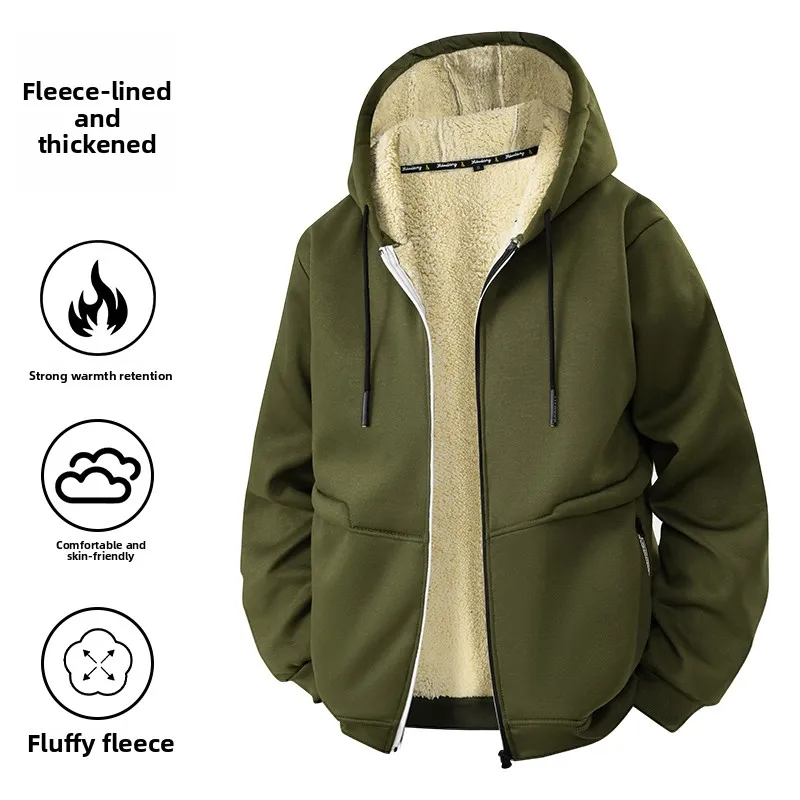

Men's Hooded Fce Lined Jaet Warm Loose Casual Trendy Polyester Fiber Long Sve round Ne Coat for Youth Winter 2025