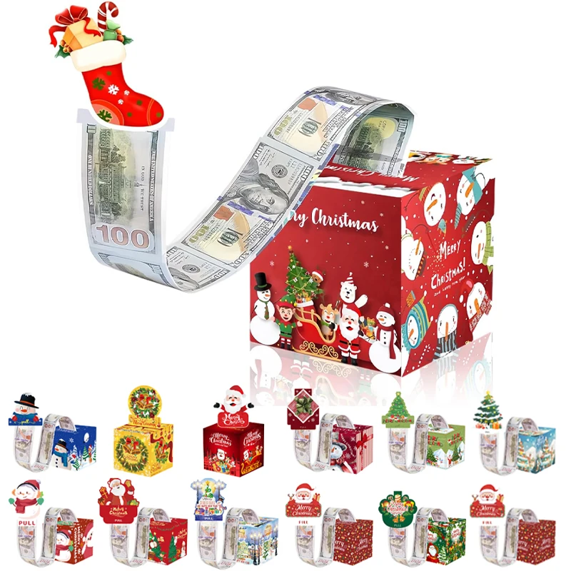 

DIY Christmas Cash Gift Box Surprise Money Pull Out Container with Transparent Bags for Xmas DIY Home Party Supplies New Year