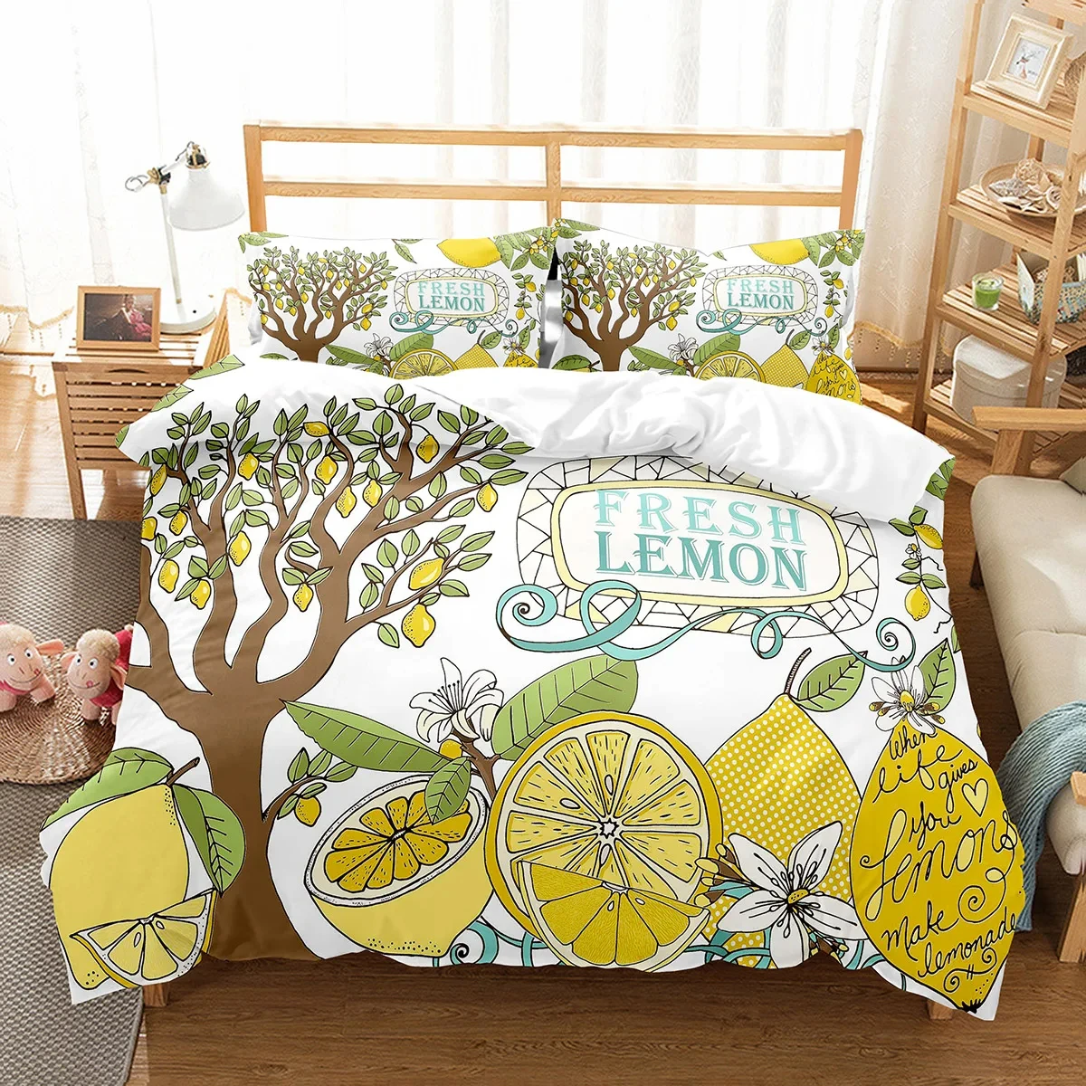 Yellow Lemon Duvet Cover Twin Queen Size Tropical Fruit Bedding Set Boho Comforter Cover Botanical Lemon Pattern Quilt Cover