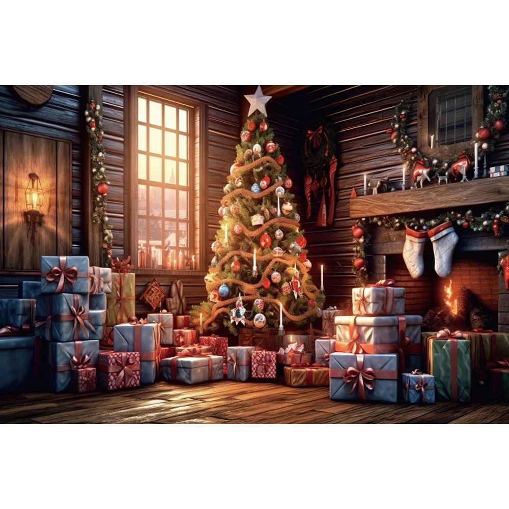 Christmas Fireplace Photography Backdrops Winter Xmas Tree Gift Family Party Home Decor Baby Portrait Background Photo Studio