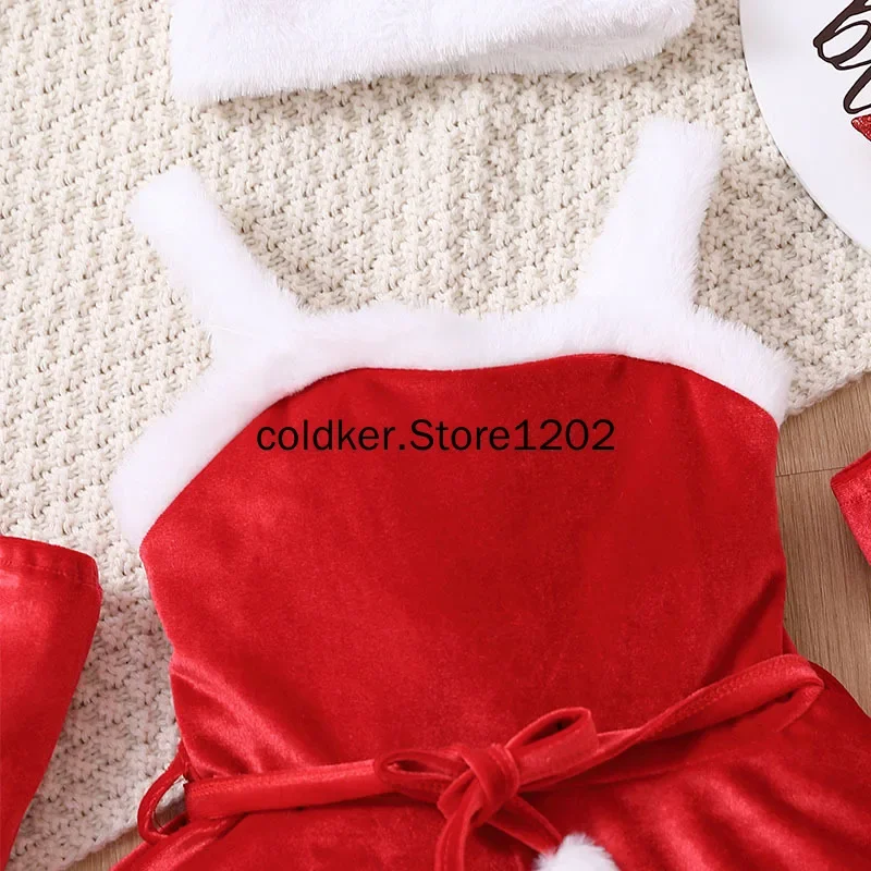 Kinder Mädchen Weihnachts feier Cosplay Kostüm Outfit rote Schlinge Kleid Spleißen weiß Plüsch Bühne Performance-Kleid mit Weihnachts hut