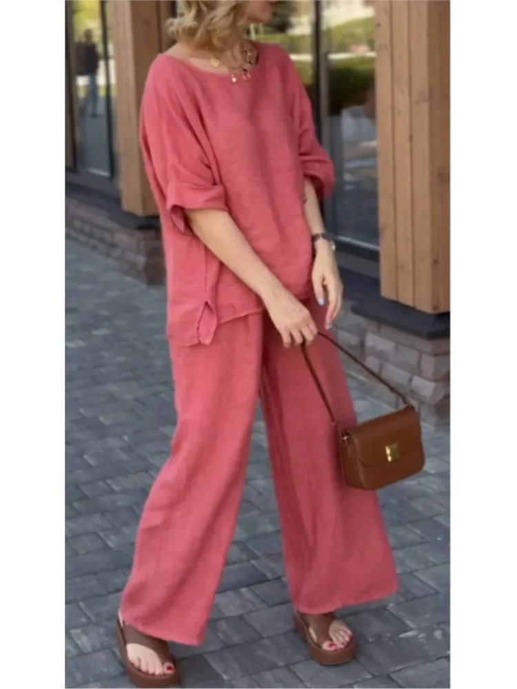 

Fashion Shirt Long Sleeved Women's Set 2026 Spring Autumn New Loose Cotton Linen Wide Leg Trousers Female Office 2piece Set