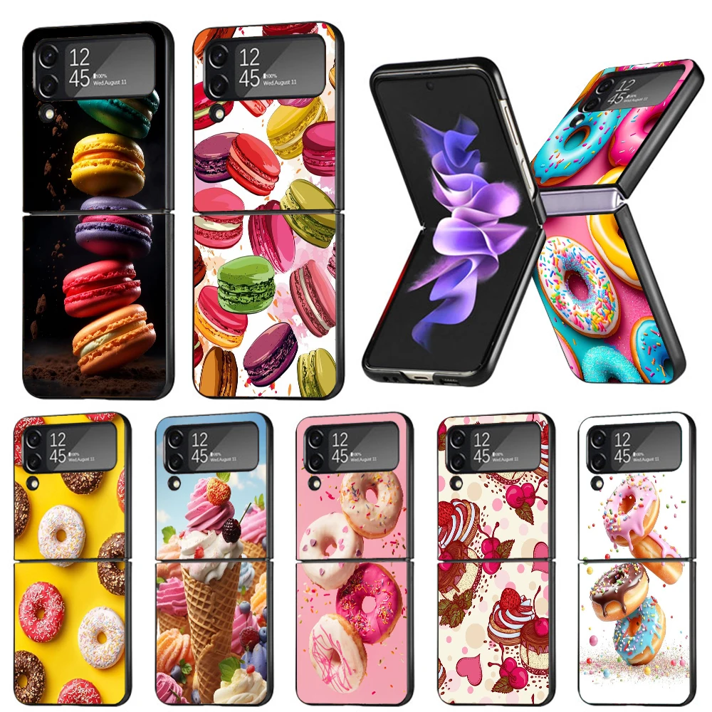 Macaron Ice Cream Cake Doughnut Hard PC Phone Case For Samsung Galaxy Z Flip6 Flip5 Flip4 Black Cover Z Flip 6 5 4 3 5G Shockpro