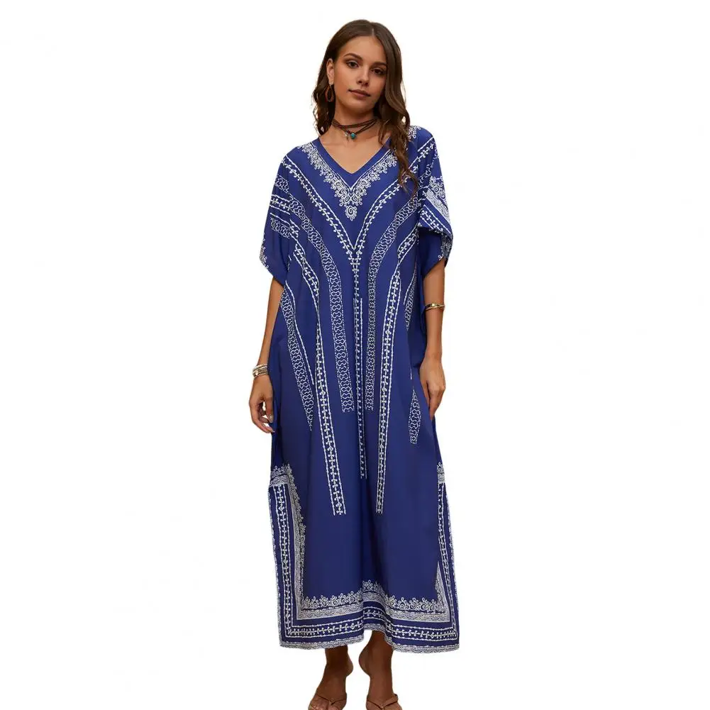 Resort Robe Ethnic Style Pattern V-neck Beach Dress Loose Fit Robe with Side Slit Bikini Cover Up for A Stylish Sun Top Loose