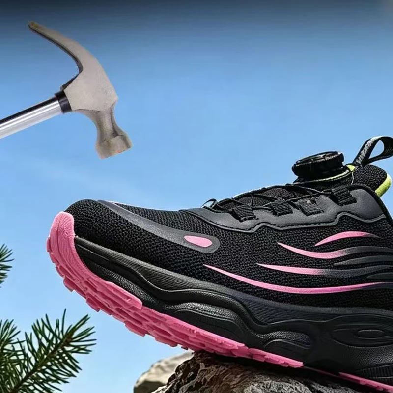 Rose Red Women Work Safety Shoes Rotating Button Women Protection Shoes Anti-Smash Anti-Puncture Security Indestructible Shoes view 4