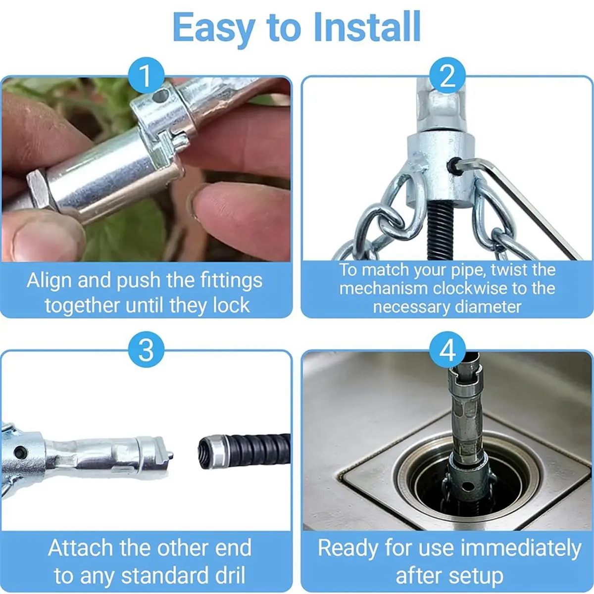 Flex‑Shaft Sewer Descaling Chain,Push-Type Rotary Cable for PVC Pipes, Toilets & Boilers,Compatible with 16mm Spring