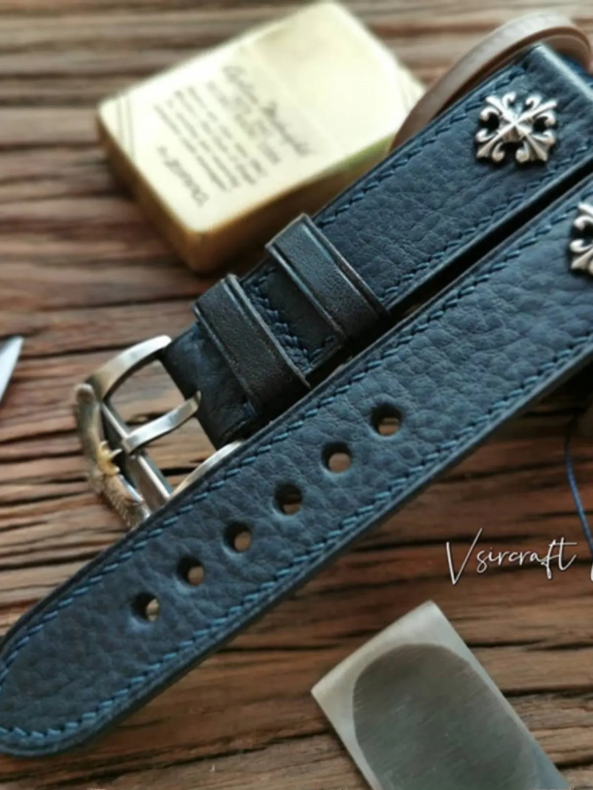 HANDMADE CUSTOM ITALIAN COWHIDE WATCH STRAP, INK BLUE, WASHED GRAIN, SOFT, DURABLE, THICKENED, AMERICAN STYLE, PIN BUCKLE