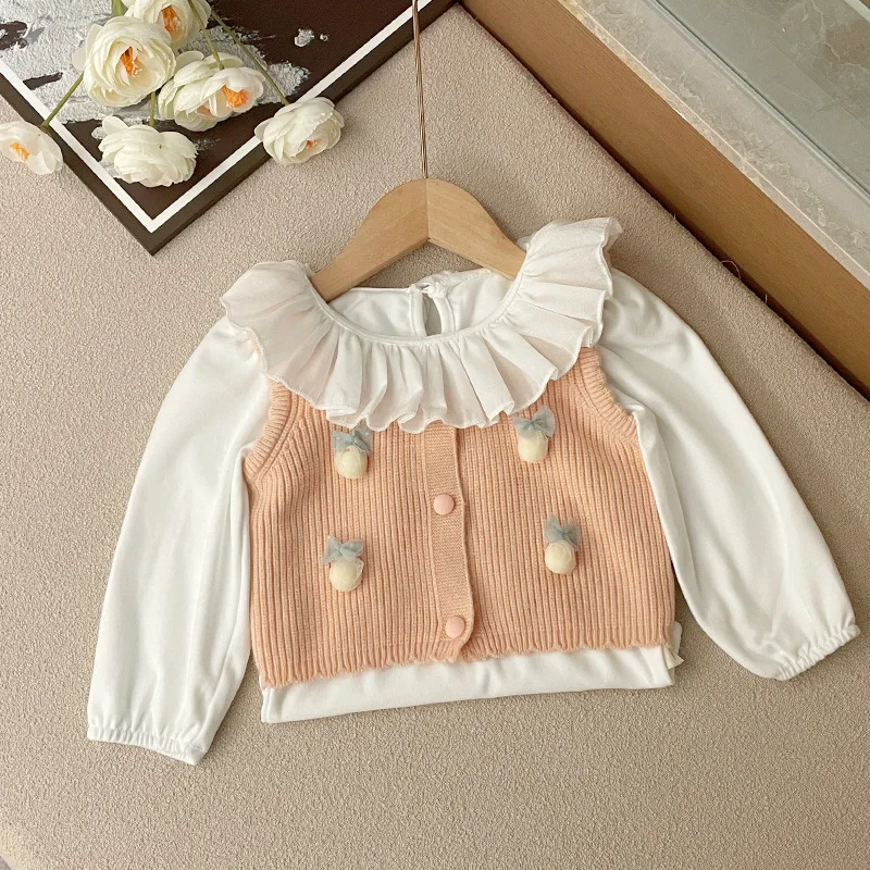 Girls Knitted Vest Spring and Autumn New Korean Fashion Solid Color Cute Bow Knitted Vest Kids Clothes Girls