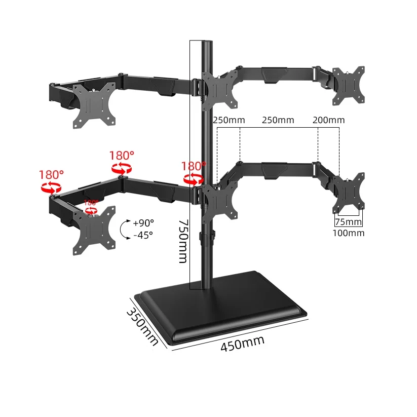 HILLPORT 24 27 30 32 34 inch Six Screen Monitor Arm Assembly Height Increasing PC Base Mount Game Studio Rotating Bracket X35-6