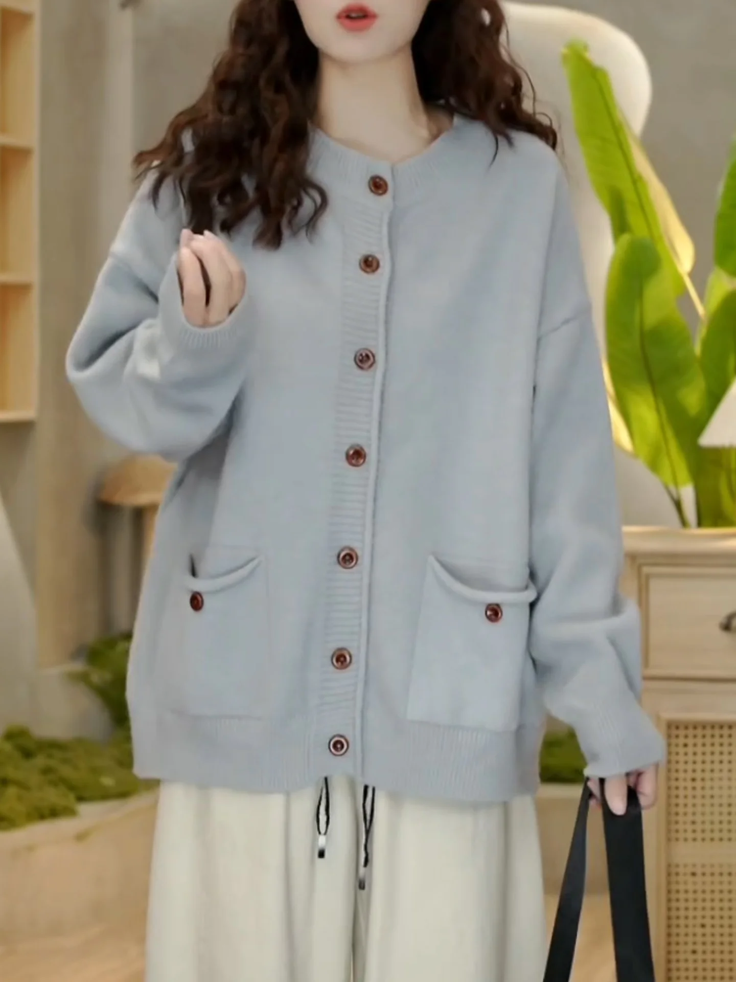 

Модный вязаный кардиган с круглым вырезом и пуговицами, женский свободный легкий вязаный базовый топ, осенне-зимняя верхняя одежда