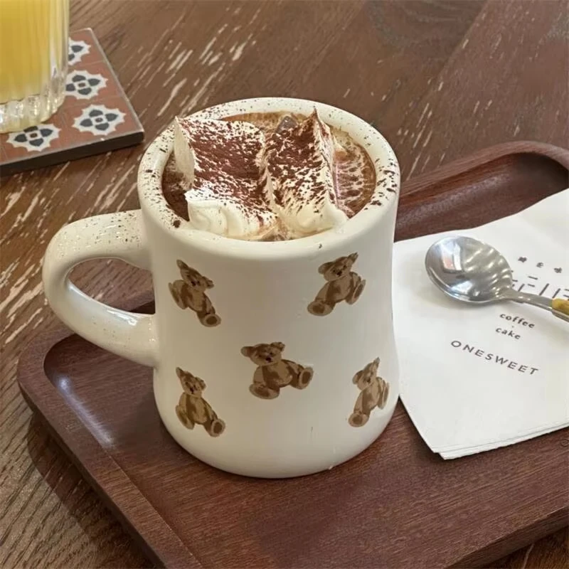 Cream White Mug Cute Bear Cartoon Ceramic Cup with Handle Milk Cup Coffee Cup Modern Simple Universal Water Cups