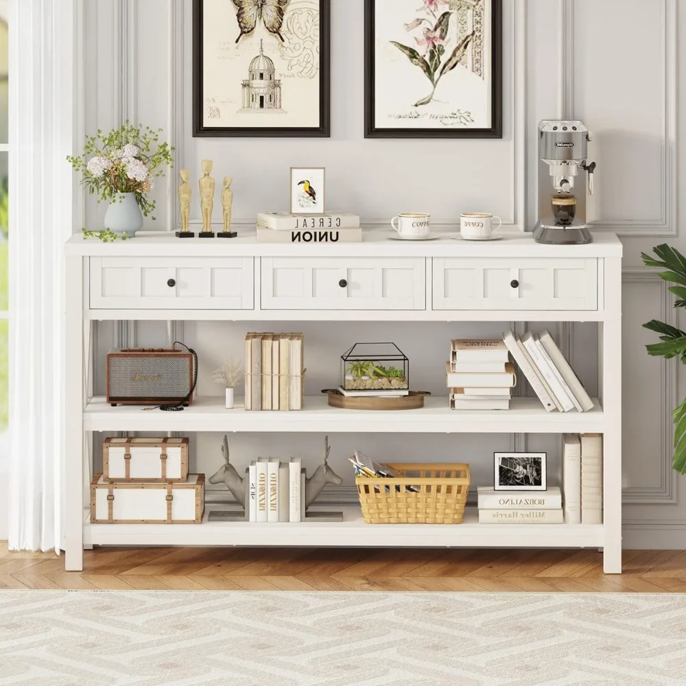 Mesa de console de fazenda com 3 gavetas: mesa de sofá de entrada de madeira e metal para sala de estar e corredor em estilo moderno