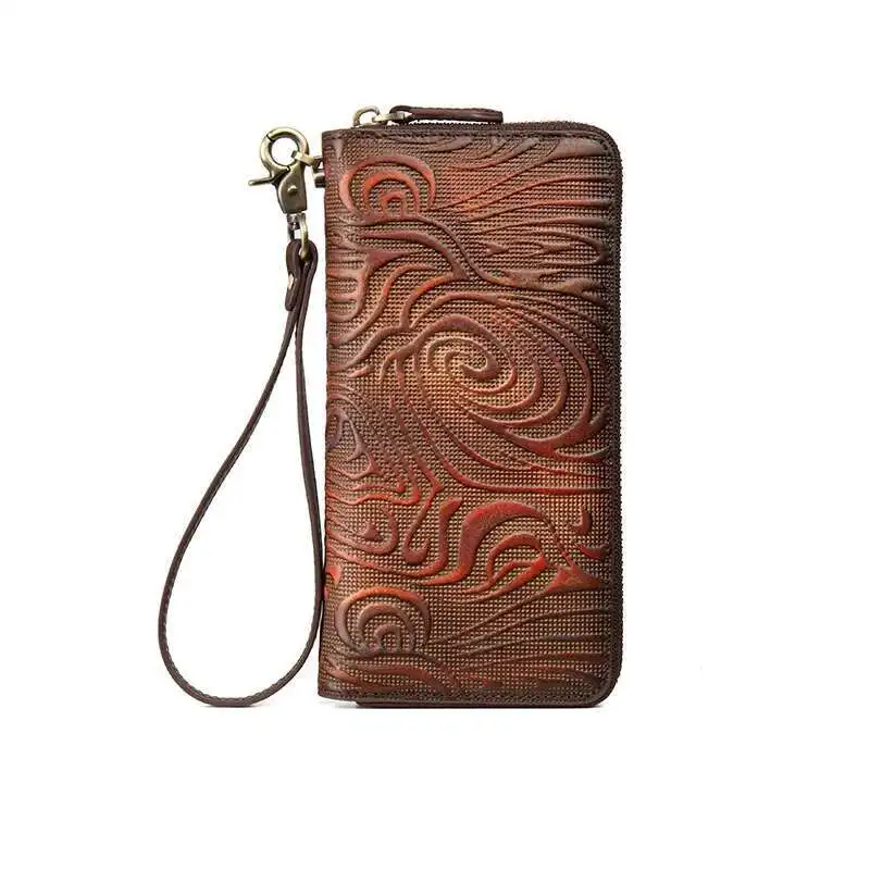 MOTAORA Women's Genuine Leather Long Wallet Retro Vintage Cowhide Bifold Card Holder Phone Purse Handmade Zipper Coin Pocket