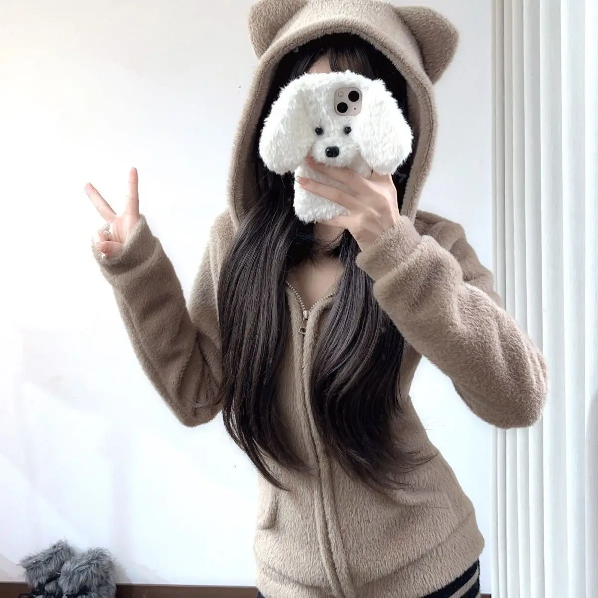 Cute Bear Ear Hooded Warm Plush Jacket for Women Autumn Winter Slim Fit Thick Outerwear Woman Casual Solid Zipper Sweatshirt