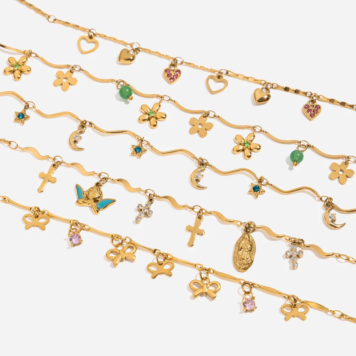 

Y2K Dopamine Bracelet Featherlight Chain pink-Green natural stone 3D flower & star Drop Travel Vlog wear Acc girls gift choice