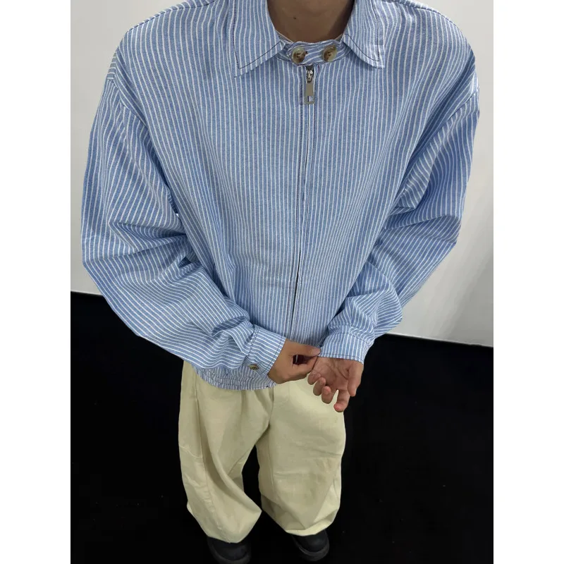 Men's Retro Blue Striped Oversized Zip Shacket Casual Loose-Fit Shirt Jacket Autumn New 2026 Srping Fashion Zip-Up Jacket Men