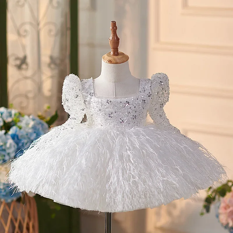Bridesmaid Dress for Flower Girls Princess Weddings Luxurious Kids Sequin Hostess Costume Matching Children Feather Gown Outfit